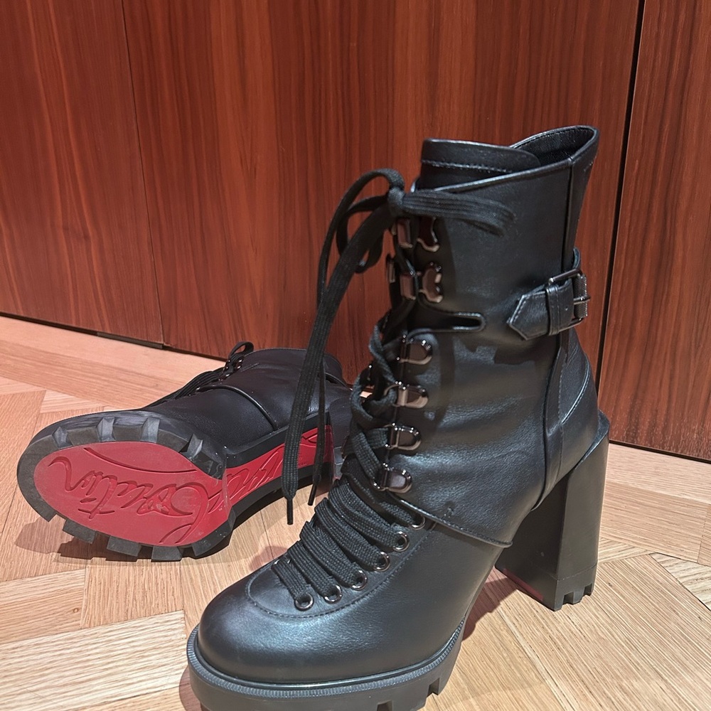 Christian Louboutin Black Lace-Up Boots with Red Soles